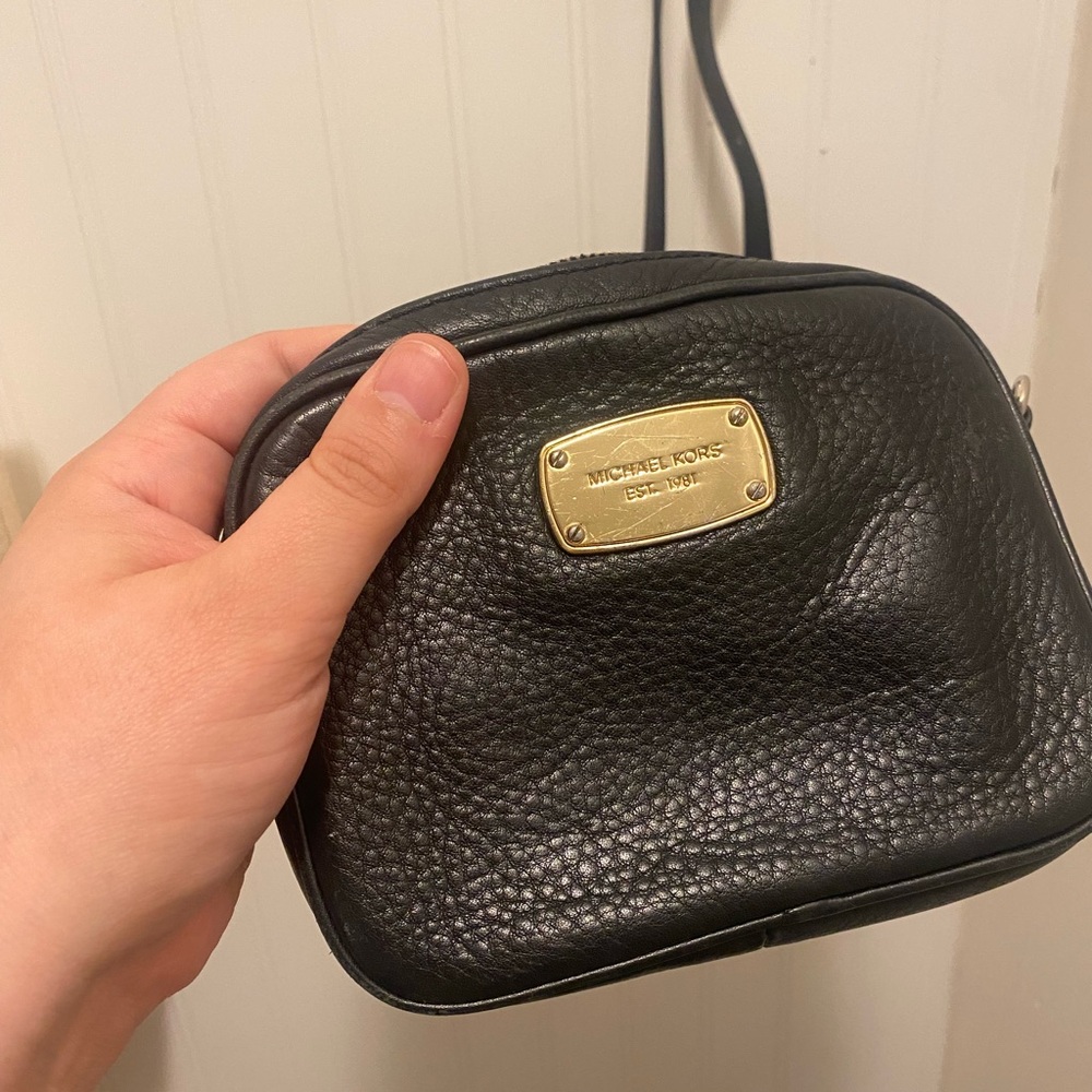 Michael Kors Black Pebbled Leather Cosmetic Pouch with Gold Plaque